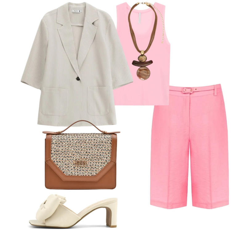 Outfit donna - Total look #2405074. Stile Chic per Serata fuori. Abbinamento con blazer, top, pochette, bermuda, ciondoli, sandali col tacco.