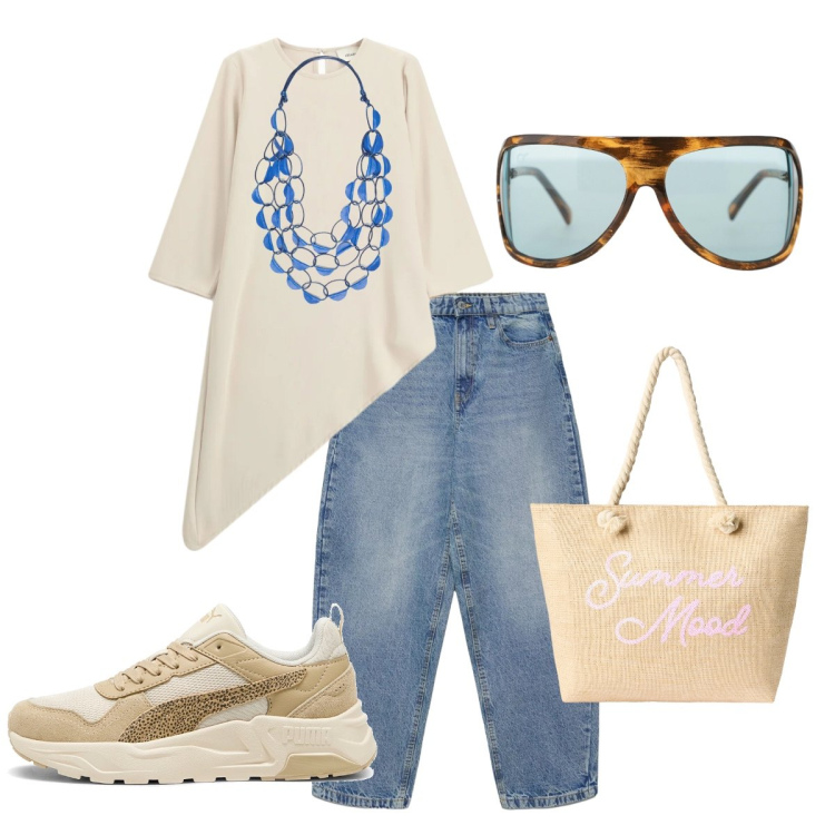 Outfit donna - Giornata soleggiata. Stile Basic per Tutti i giorni. Abbinamento con borse tote, jeans, occhiali da sole, bluse, collane, sneakers.