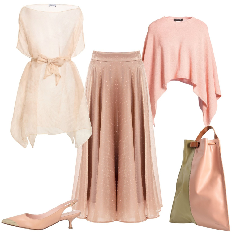 Outfit donna - Voglia di leggerezza. Stile Chic per Serata fuori. Abbinamento con cappotti, top, décolleté, zaini, gonne longuette.