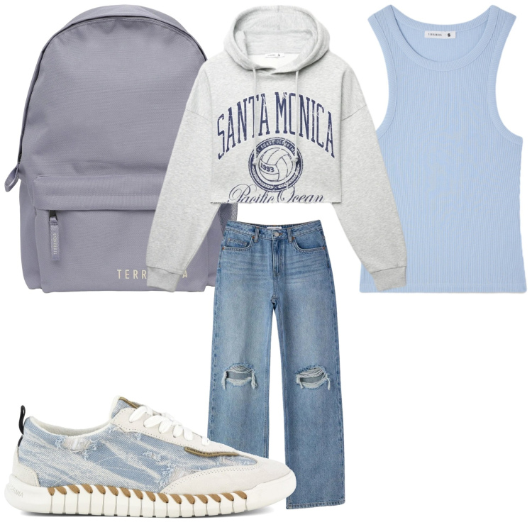 Outfit donna - Outfit pomeridiano. Stile Casual per Tutti i giorni. Abbinamento con zaini, jeans strappati, felpe con cappuccio, canottiere, sneakers.