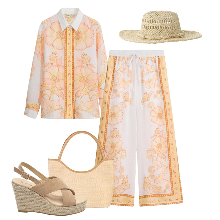 Outfit donna - Stampe che raccontano l’estate. Stile Trendy per Tutti i giorni. Abbinamento con pantaloni a palazzo, shopping bag, camicie, sandali col tacco, cappelli.