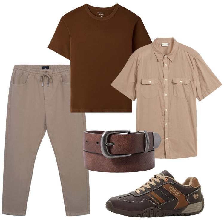 Outfit uomo - Maggio. Stile Casual per Tutti i giorni. Abbinamento con camicie a manica corta, sneakers, t-shirt, pantaloni, cinture.