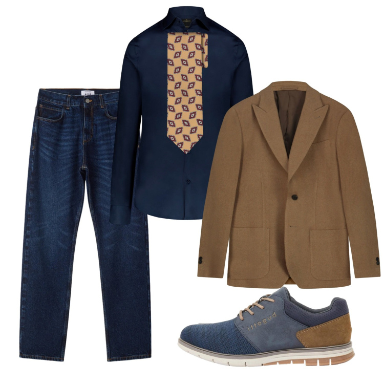 Outfit uomo - Maggio. Stile Business/Elegante per Ufficio. Abbinamento con scarpe stringate, jeans dritti, camicie, cravatte, giacche.