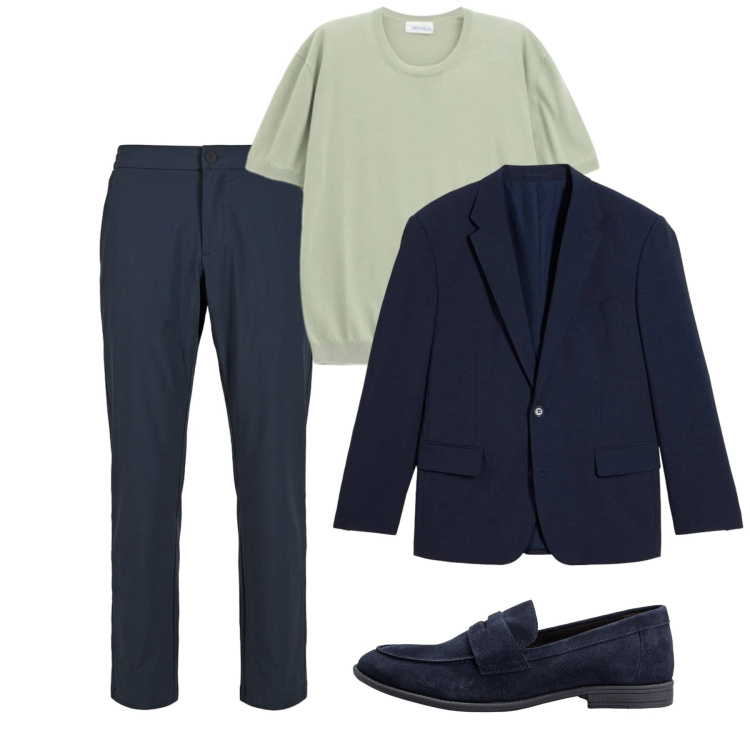 Outfit uomo - Blu e salvia. Stile Trendy per Serata speciale. Abbinamento con giacche, t-shirt, scarpe stringate, pantaloni.