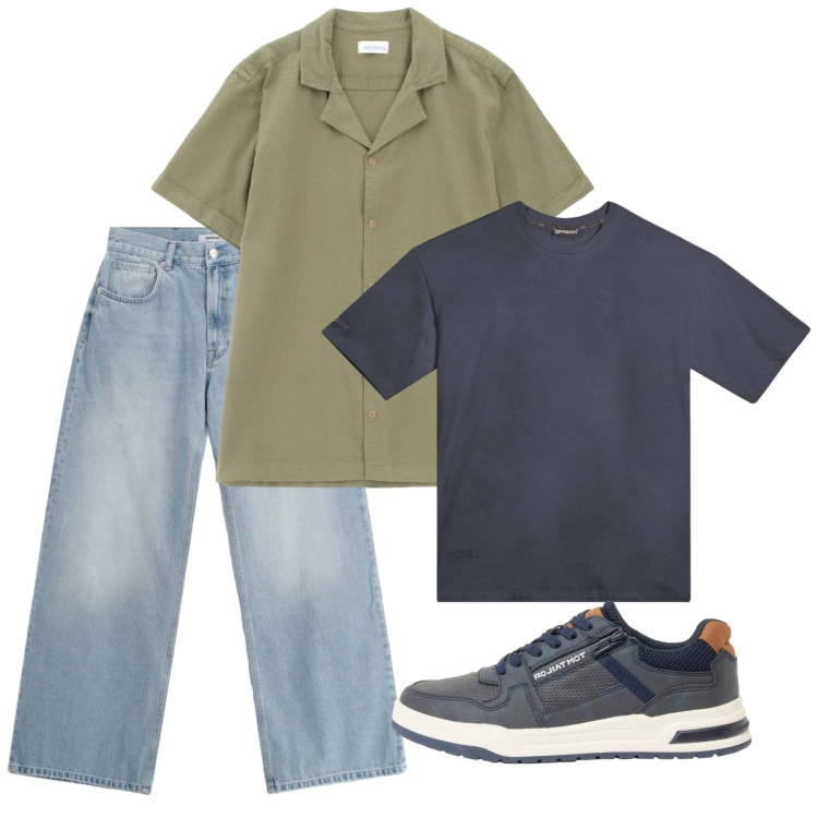 Outfit uomo - Maggio. Stile Casual per Tutti i giorni. Abbinamento con sneakers, jeans, camicie a manica corta, t-shirt.