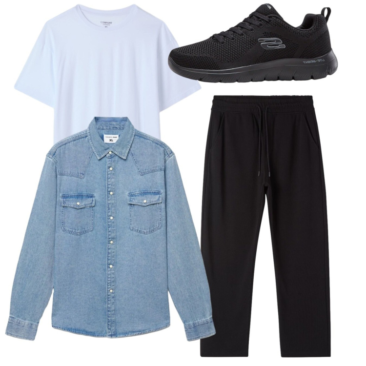 Outfit uomo - Total look. Stile Casual per Tutti i giorni. Abbinamento con sneakers, camicie, t-shirt, pantaloni.