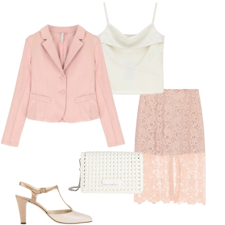 Outfit donna - Delicata in rosa. Stile Chic per Cerimonia. Abbinamento con décolleté, canottiere, blazer, gonne longuette, borse a tracolla.
