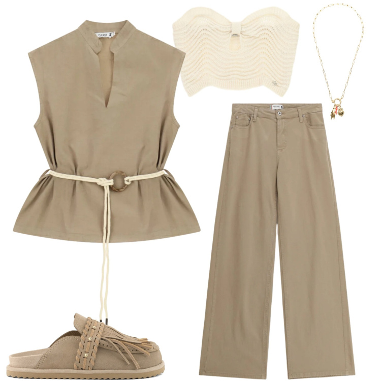 Outfit donna - Please. Stile Casual chic per Serata fuori. Abbinamento con pantaloni, camicie, top, ciondoli, sabot.