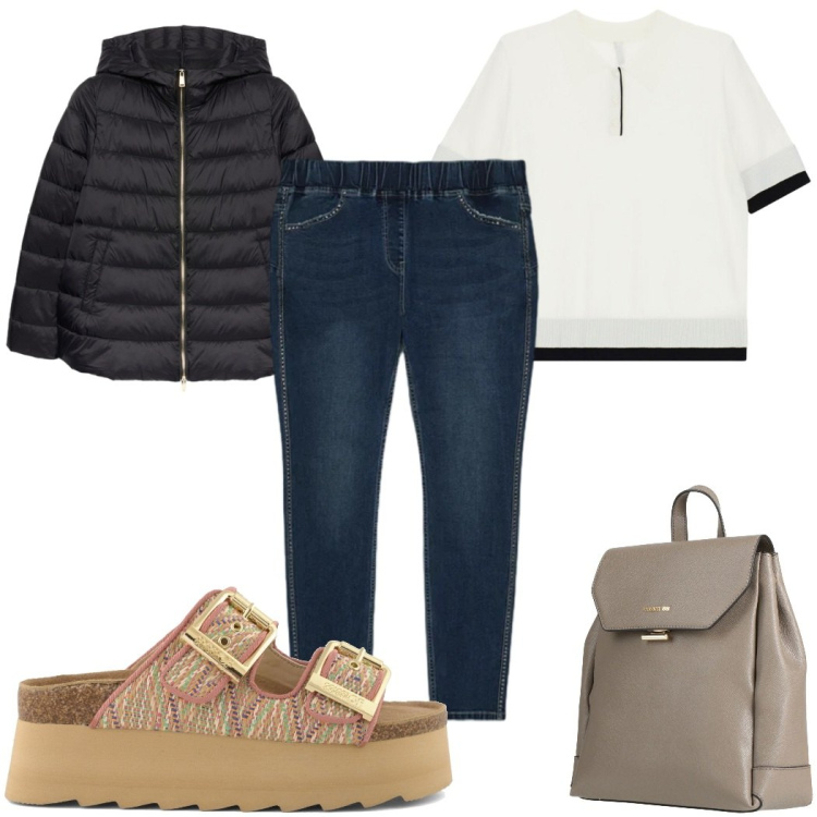 Outfit donna - Total look #2405159. Stile Casual per Tutti i giorni. Abbinamento con zaini, polo, blazer, jeggings, ciabatte.