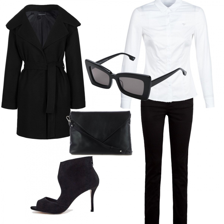 Outfit donna - Total look #240516. Abbinamento con occhiali da sole a gatto effetto acetato montatura in plastica, camicia bianco, pantalone nero, stivaletti con tacco alto e zip open toe, cappotto con cappuccio nero, borsa a tracolla made italy con zip e bottoni nero.