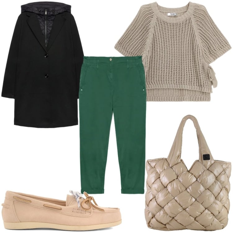 Outfit donna - Total look #2405160. Stile Casual per Tutti i giorni. Abbinamento con top, pantaloni, cappotti, borse tote, mocassini.