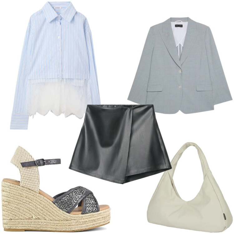 Outfit donna - Total look #2405161. Stile Trendy per Tutti i giorni. Abbinamento con camicie, gonne, blazer, borse a spalla, zeppe.