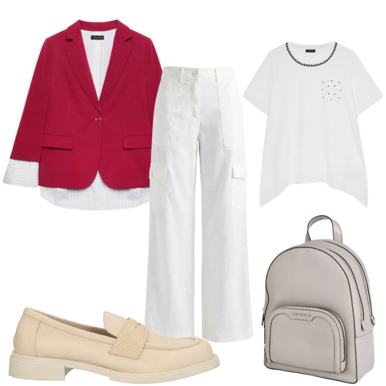 Outfit donna - Total look #2405162. Stile Mannish per Tutti i giorni. Abbinamento con zaini, mocassini, pantaloni cargo, blazer, t-shirt.