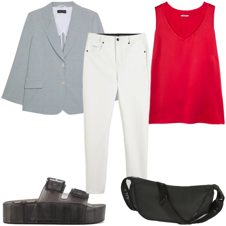 Outfit donna - Total look #2405179. Stile Casual per Tutti i giorni. Abbinamento con pantaloni skinny, top, blazer, marsupi, sandali.