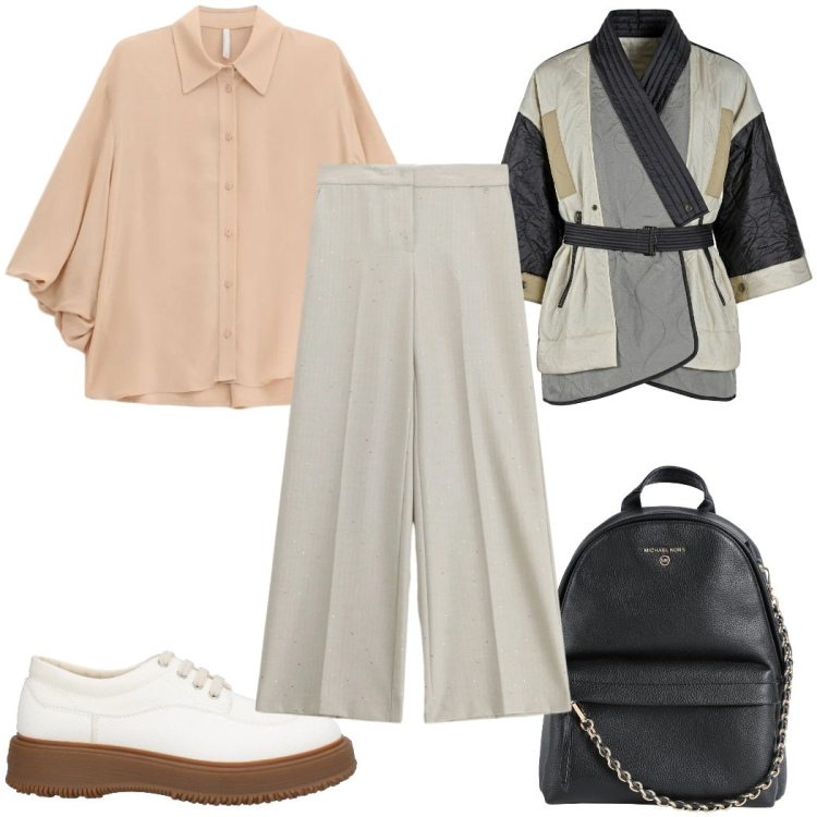 Outfit donna - Total look #2405187. Stile Casual per Ufficio. Abbinamento con zaini, scarpe stringate, camicie, pantaloni a palazzo, kimono.