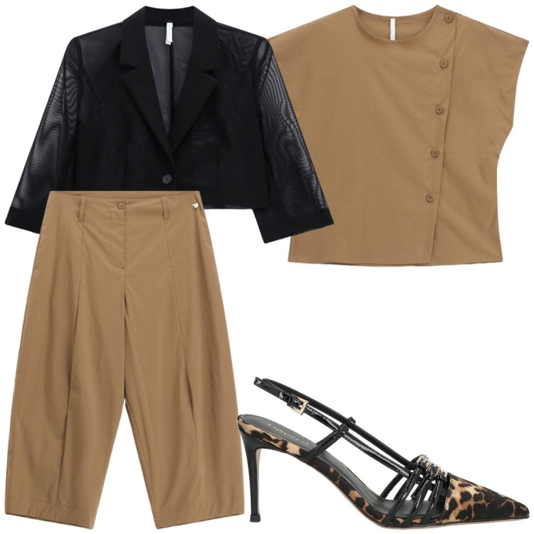 Outfit donna - Tosta. Stile Glamour per Serata fuori. Abbinamento con décolleté, blazer, pantaloni, camicie a manica corta.