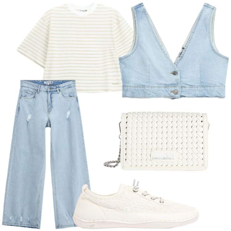 Outfit donna - Team teenager. Stile Casual chic per Tutti i giorni. Abbinamento con sneakers, borse a tracolla, top, jeans, t-shirt.