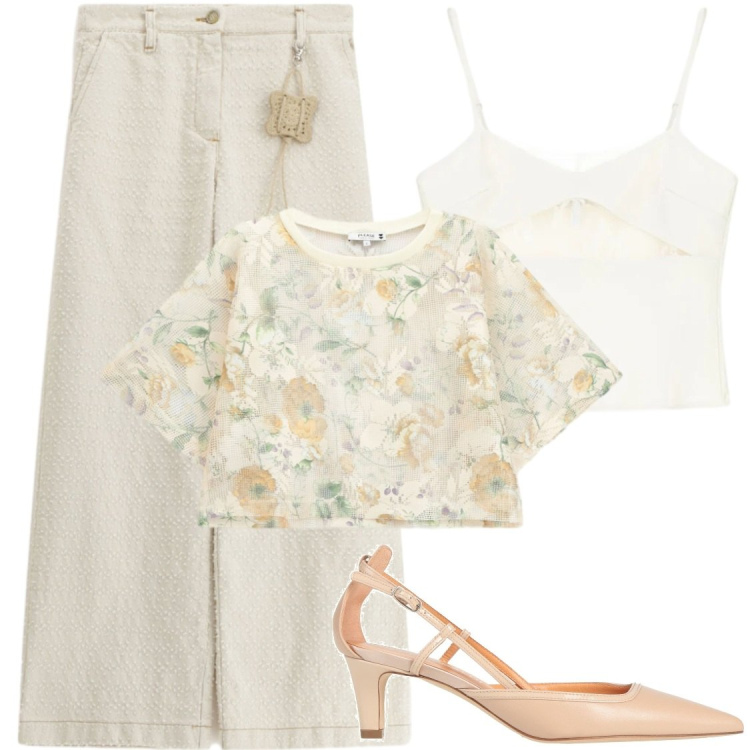 Outfit donna - Delicatezza. Stile Chic per Ufficio. Abbinamento con décolleté, canottiere, pantaloni a palazzo, top.