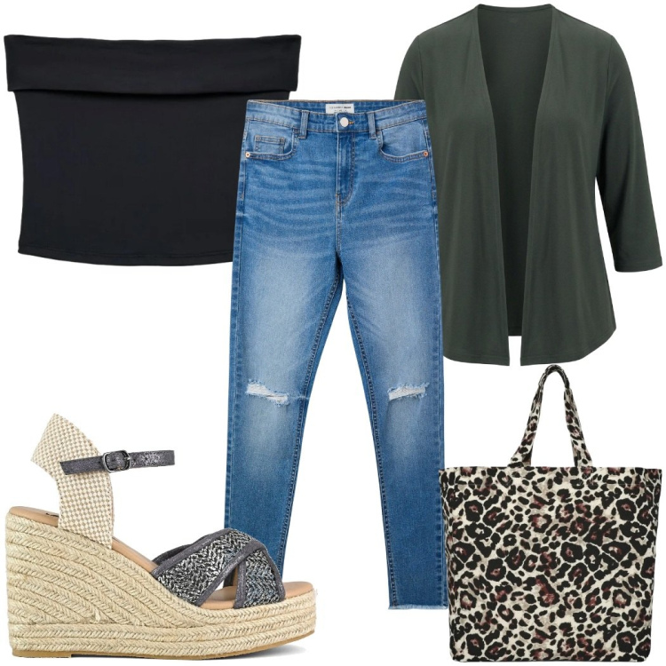 Outfit donna - Total look #2405202. Stile Trendy per Tutti i giorni. Abbinamento con jeans strappati, top, shopping bag, blazer, zeppe.