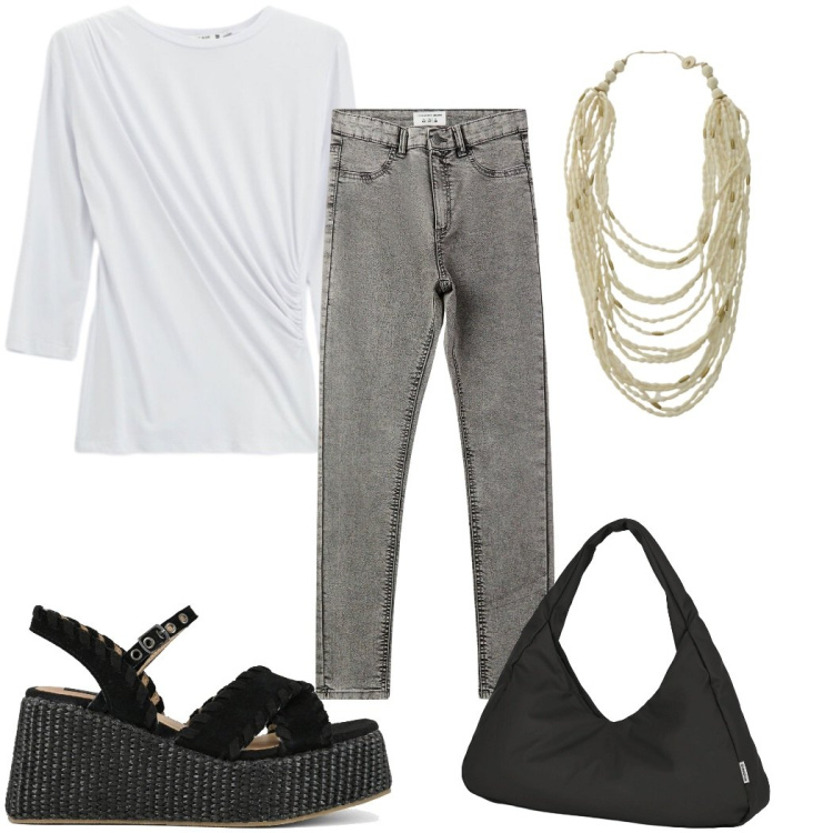Outfit donna - Total look #2405209. Stile Casual chic per Tutti i giorni. Abbinamento con jeggings, collane, top, borse a spalla, zeppe.