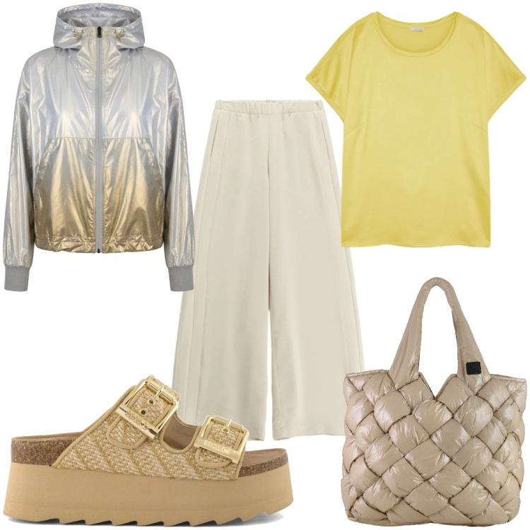Outfit donna - Total look #2405210. Stile Trendy per Tutti i giorni. Abbinamento con pantaloni a palazzo, t-shirt, borse tote, bomber, zeppe.