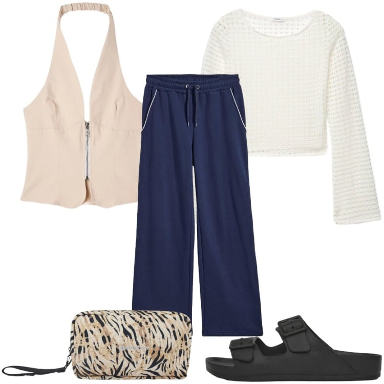 Outfit donna - Total look #2405211. Stile Trendy per Tutti i giorni. Abbinamento con pantaloni, maglieria, top, ciabatte, valigie.