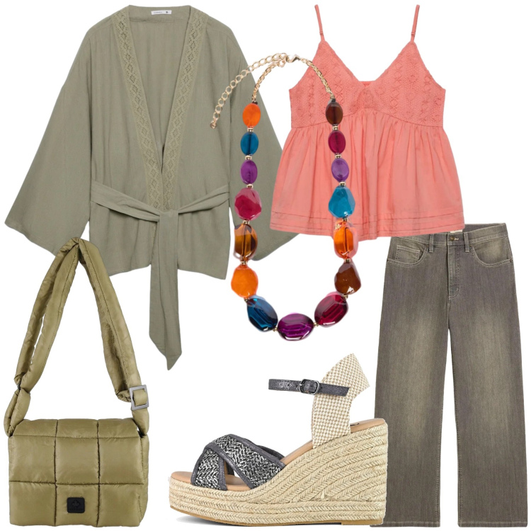 Outfit donna - Maggio in libertà. Stile Boho per Tutti i giorni. Abbinamento con jeans, kimono, canottiere, collane, borse a spalla, zeppe.