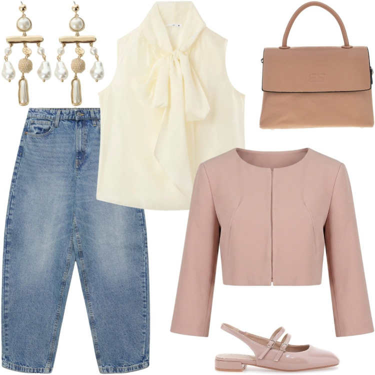Outfit donna - Blusa con i fiocchi. Stile Casual chic per Tutti i giorni. Abbinamento con jeans, bluse, bolero, orecchini, ballerine, borse a tracolla.