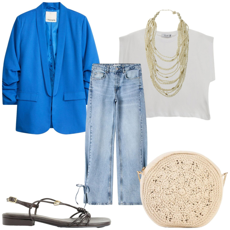 Outfit donna - Total look #2405216. Stile Basic per Ufficio. Abbinamento con borse a tracolla, blazer, sandali, jeans, collane, top.