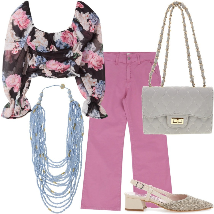 Outfit donna - La blusa floreale. Stile Casual chic per Tutti i giorni. Abbinamento con bluse, collane, jeans, décolleté, borse a tracolla.