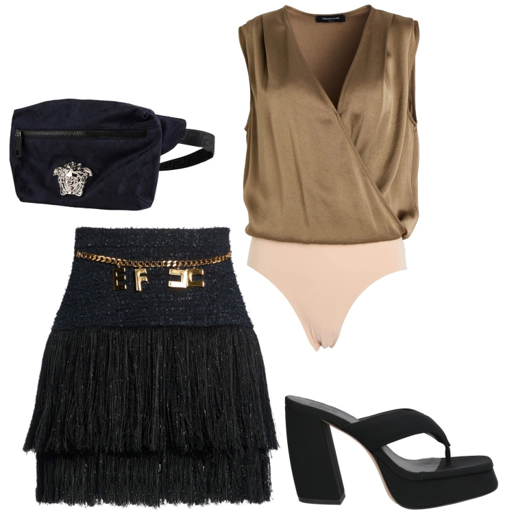 Outfit donna - Total look #2405221. Stile Glamour per Serata fuori. Abbinamento con minigonne, ciabatte, body, marsupi.