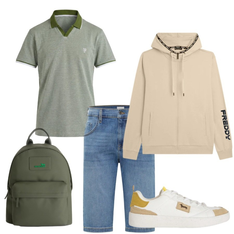 Outfit uomo - Total look #2405222. Stile Urban per Tutti i giorni. Abbinamento con bermuda, sneakers, borse sportive, polo, felpe con cappuccio.