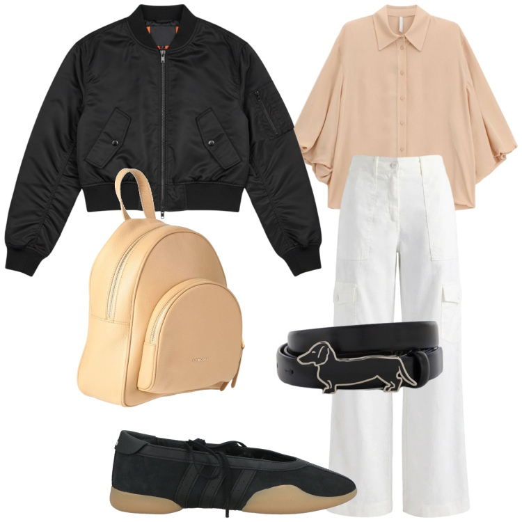Outfit donna - Freschino. Stile Trendy per Tutti i giorni. Abbinamento con ballerine, zaini, camicie, cinture, pantaloni cargo, bomber.