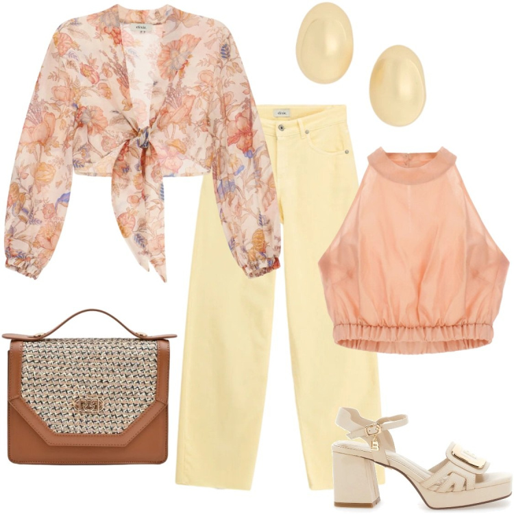 Outfit donna - Giallo burro. Stile Casual chic per Tutti i giorni. Abbinamento con pochette, bluse, jeans, top, orecchini, sandali col tacco.