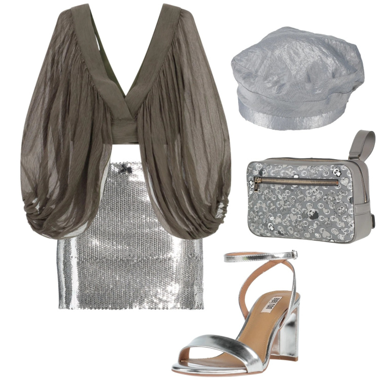 Outfit donna - Serata glamour. Stile Glamour per Serata fuori. Abbinamento con marsupi, cappelli e berretti, minigonne, sandali in pelle, top.