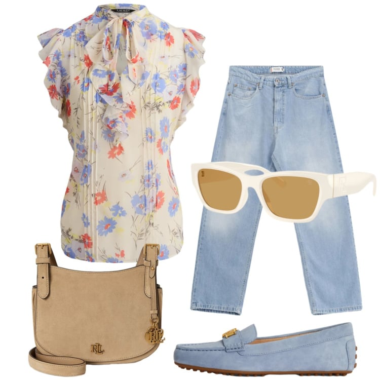 Outfit donna - Jeans e blusa romantica. Stile Trendy per Tutti i giorni. Abbinamento con jeans, mocassini, bluse, borse a tracolla, occhiali da sole.