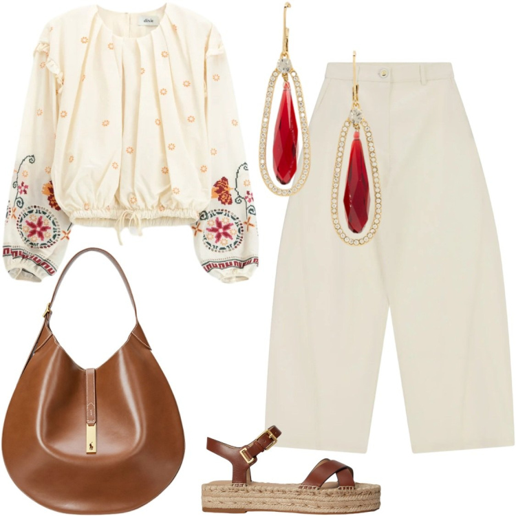 Outfit donna - La blusa ricamata. Stile Boho per Tutti i giorni. Abbinamento con jeans, espadrillas, borse a spalla, orecchini, bluse.