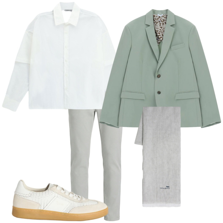 Outfit uomo - Conferenza stampa. Stile Trendy per Tutti i giorni. Abbinamento con giacche, camicie, sneakers, pantaloni chino, sciarpe.