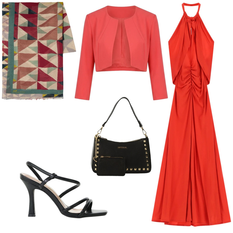 Outfit donna - Total look #2405285. Stile Glamour per Cerimonia. Abbinamento con bolero, vestiti lunghi, borse a spalla, sandali col tacco, sciarpe.