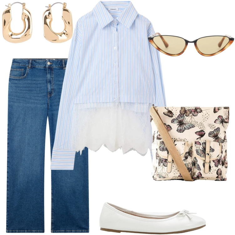 Outfit donna - Denim e pizzo. Stile Romantica per Tutti i giorni. Abbinamento con ballerine, orecchini, borse a tracolla, camicie, jeans, occhiali da sole.