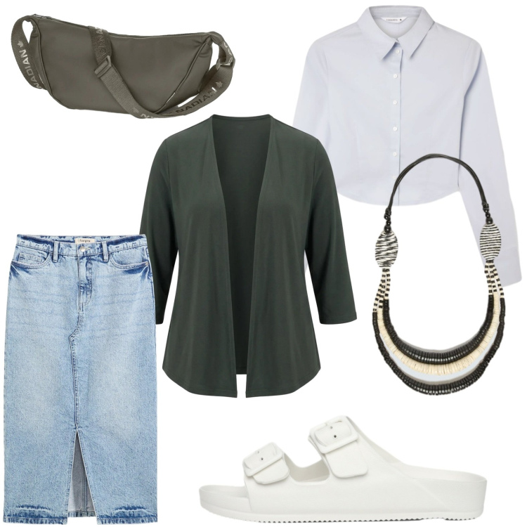 Outfit donna - Gonna in jeans e cardigan. Stile Basic per Tutti i giorni. Abbinamento con gonne longuette, ciabatte, camicie, borse a tracolla, blazer, collane.