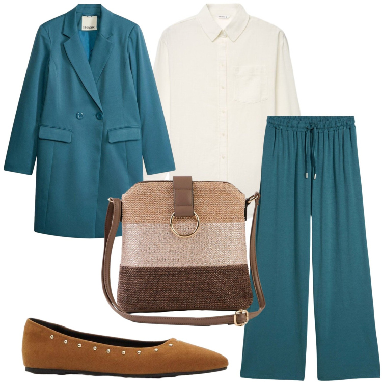 Outfit donna - Ballerine borchiate. Stile Casual per Ufficio. Abbinamento con pantaloni, blazer, borse a tracolla, ballerine, camicie.