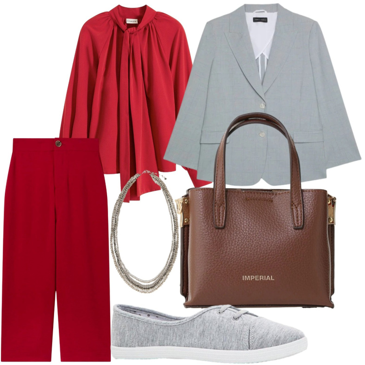Outfit donna - Camicia con fiocco. Stile Glamour per Tutti i giorni. Abbinamento con ballerine, camicie, pantaloni a palazzo, borse a tracolla, collane, blazer.