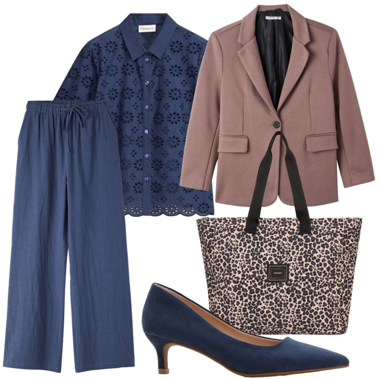 Outfit donna - Ufficio minimal. Stile Glamour per Tutti i giorni. Abbinamento con décolleté, camicie a manica corta, blazer, pantaloni, shopping bag.