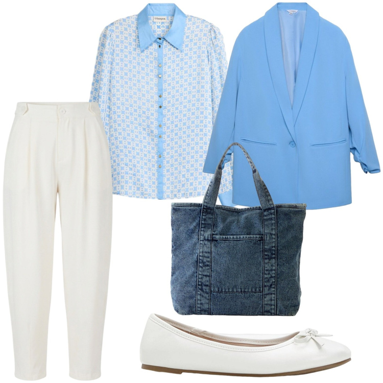 Outfit donna - La camicia vintage. Stile Vintage retrò per Ufficio. Abbinamento con ballerine, shopping bag, camicie, blazer, pantaloni.