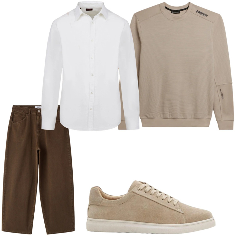 Outfit uomo - Camicia passpartout. Stile Trendy per Ufficio. Abbinamento con sneakers, pantaloni, felpe, camicie.