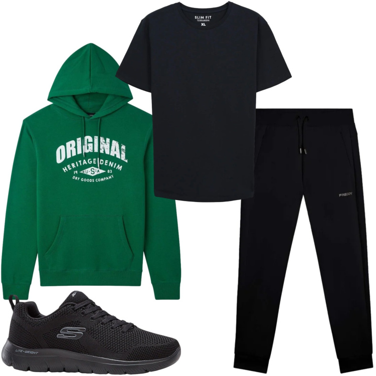Outfit uomo - La felpa original. Stile Trendy per Tutti i giorni. Abbinamento con sneakers, felpe con cappuccio, t-shirt, pantaloni.