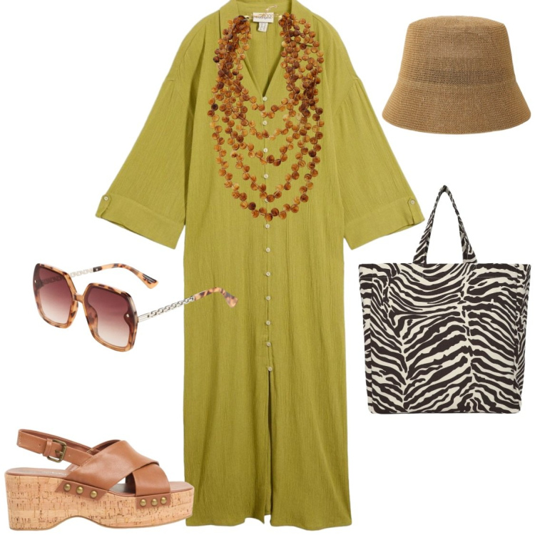 Outfit donna - Comodo caftano. Stile Glamour per Mare. Abbinamento con caftani, occhiali da sole, zeppe, shopping bag, cappelli, collane.