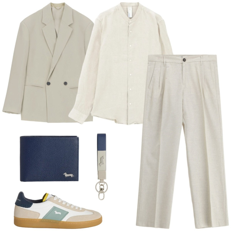 Outfit uomo - Look monocromatico chiaro. Stile Business/Elegante per Cerimonia. Abbinamento con portachiavi, portafogli, sneakers, pantaloni, camicie, giacche.
