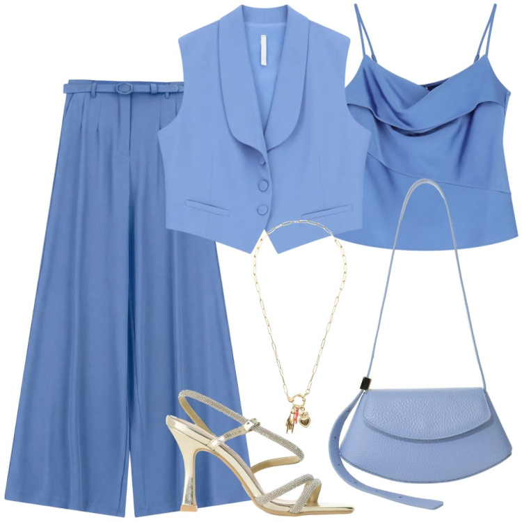 Outfit donna - Total look #2405331. Stile Chic per Cerimonia. Abbinamento con pantaloni a palazzo, canottiere, gilet, sandali col tacco, borse a spalla, ciondoli.